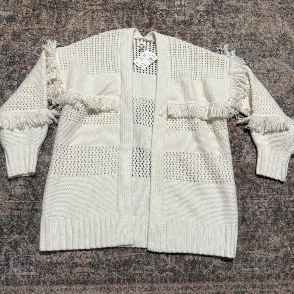 NWT Aerie Real Good Fringe Open Front Cardigan Sweater Cream White S